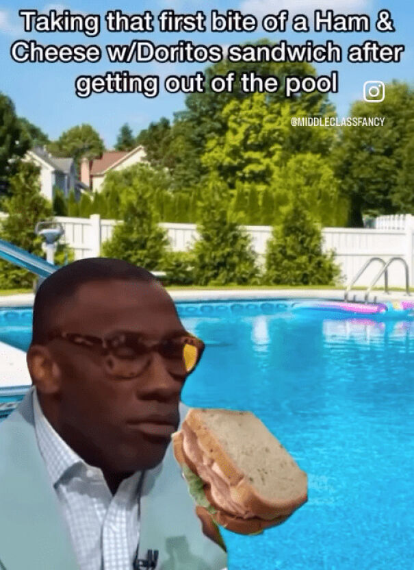 Man wearing glasses enjoying a ham and cheese with Doritos sandwich by the pool in a funny summer meme.