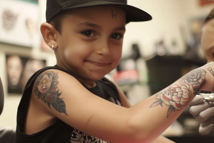 Young boy with tattoos on his arms, highlighting tattoo artists declining certain jobs on moral grounds.