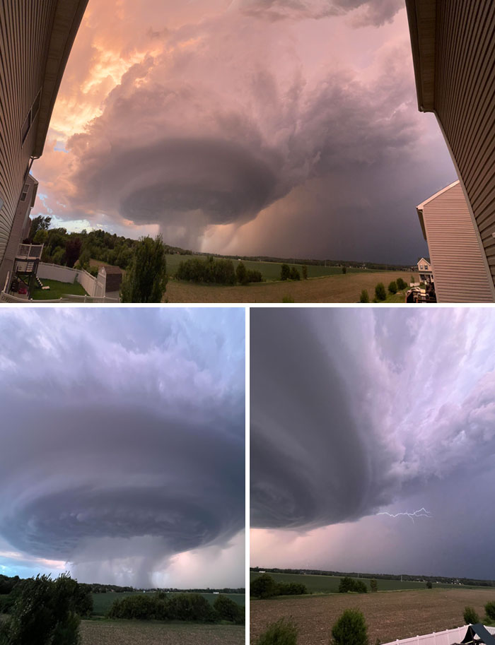 Massive supercell storm clouds and lightning creating terrifying nature moments over rural landscapes.