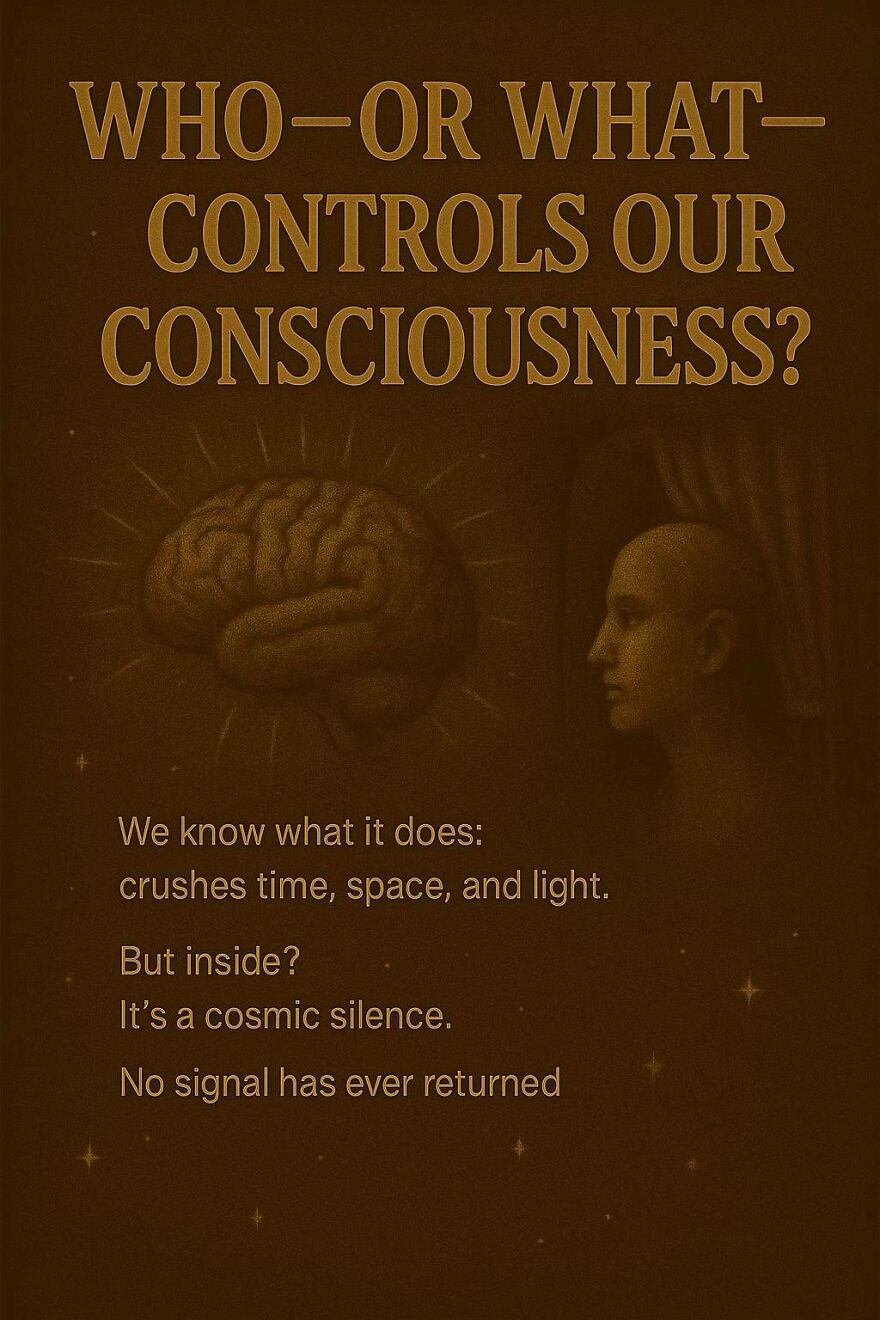 Illustration of a brain and human profile with text about consciousness, highlighting questions scientists and philosophers can't answer.