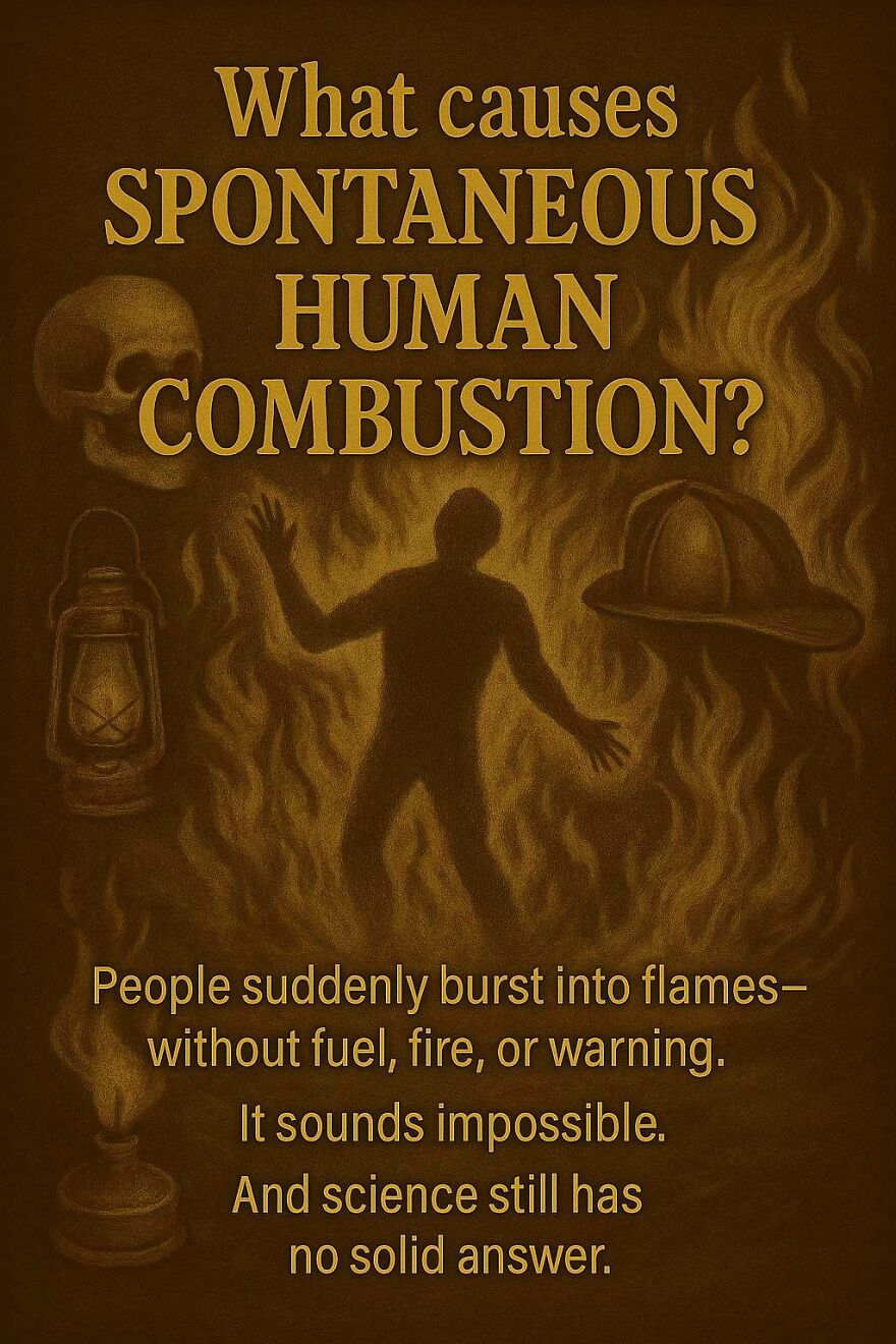Illustration showing spontaneous human combustion with flames, skull, and fire helmet, highlighting unanswered scientific questions.