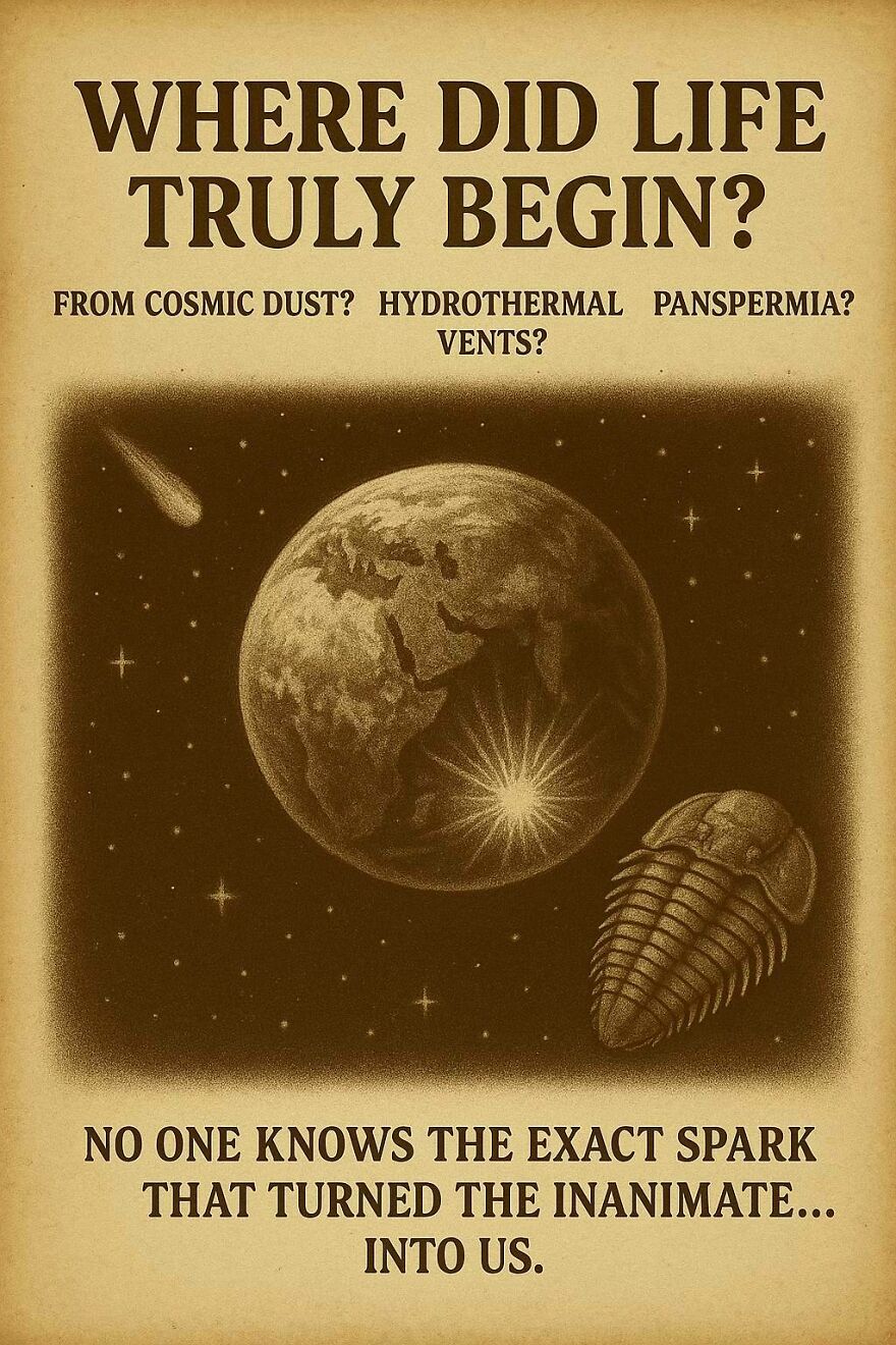 Vintage-style image depicting Earth, a trilobite, and space, illustrating unanswered questions scientists and philosophers have about life's origins.