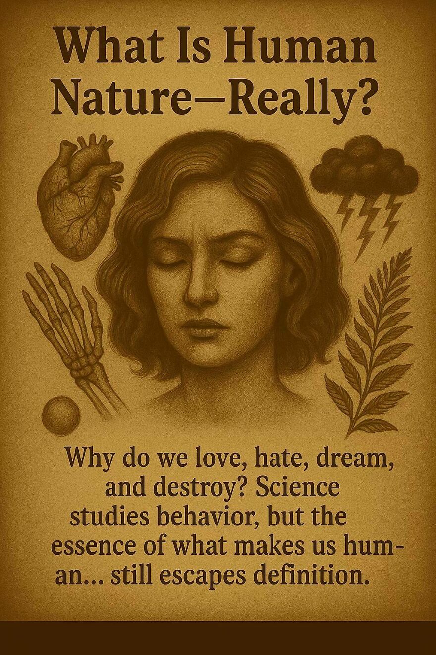 Illustration of a woman contemplating human nature with scientific and philosophical symbols about unanswered questions.