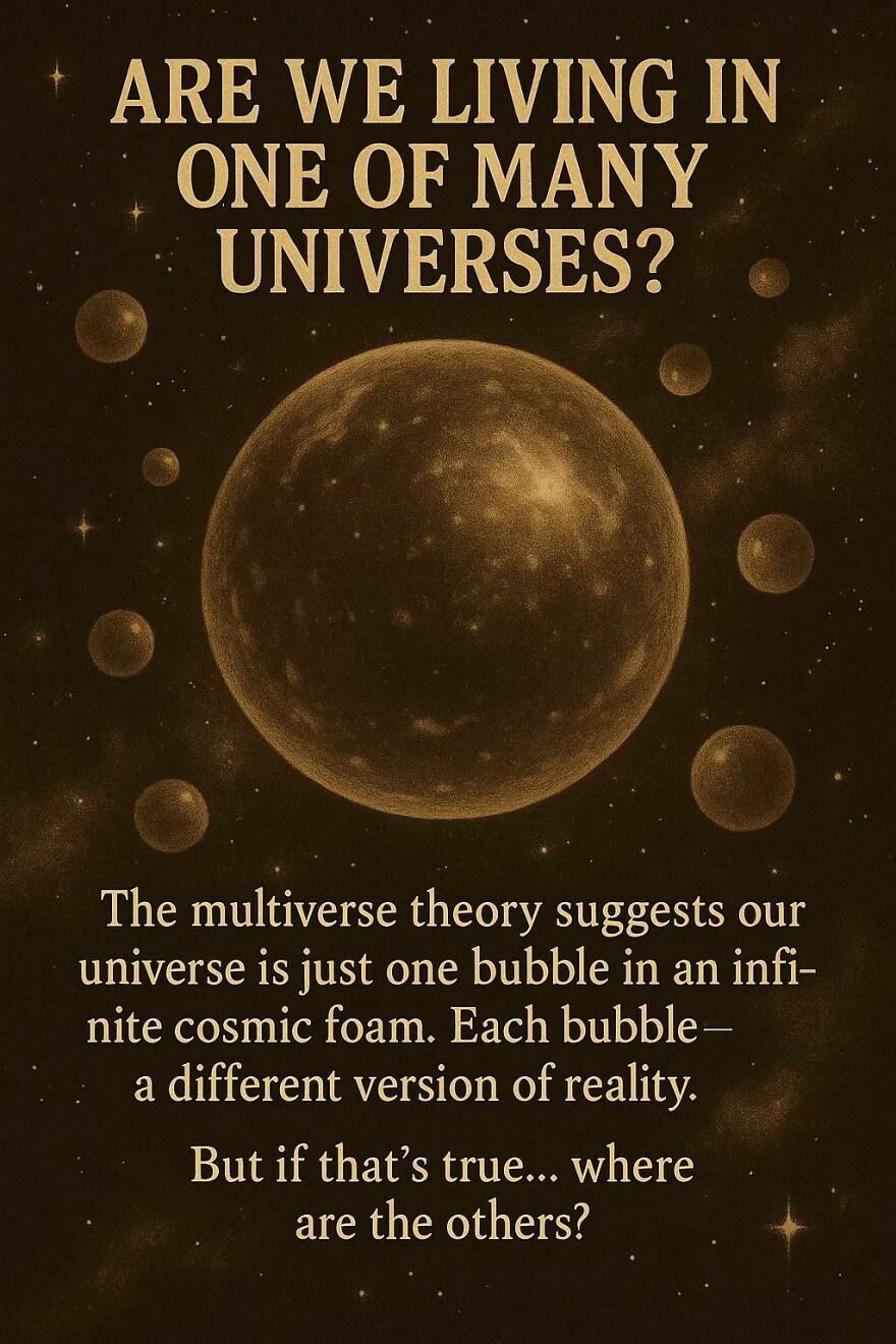 Illustration of multiverse theory showing multiple universe bubbles in cosmic space, exploring unanswered scientific questions.
