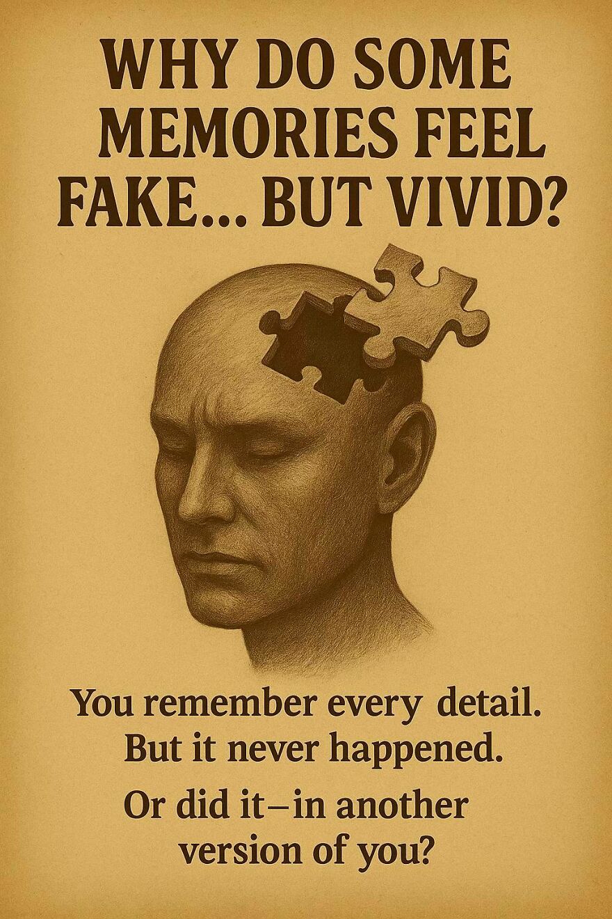 Illustration of a man with a puzzle piece missing from his head questioning vivid memories in unresolved science and philosophy topics.