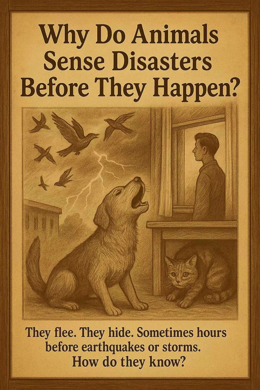 Animals sensing disasters before they happen with questions scientists and philosophers still can’t answer depicted in vintage style.
