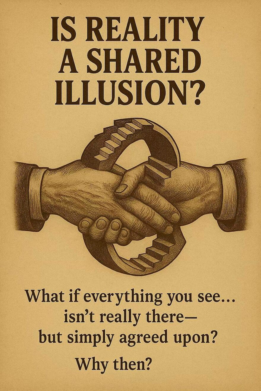 Illustration of two hands shaking with impossible stairs, questioning reality as a shared illusion in scientific and philosophical questions.