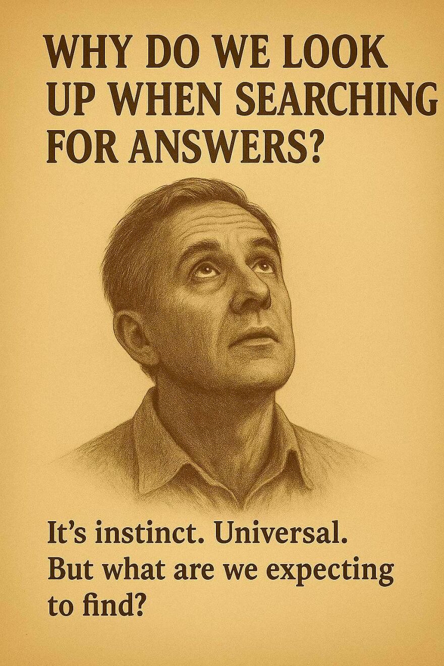 Man looking upward pondering a question about searching for answers, related to questions scientists and philosophers can't answer.