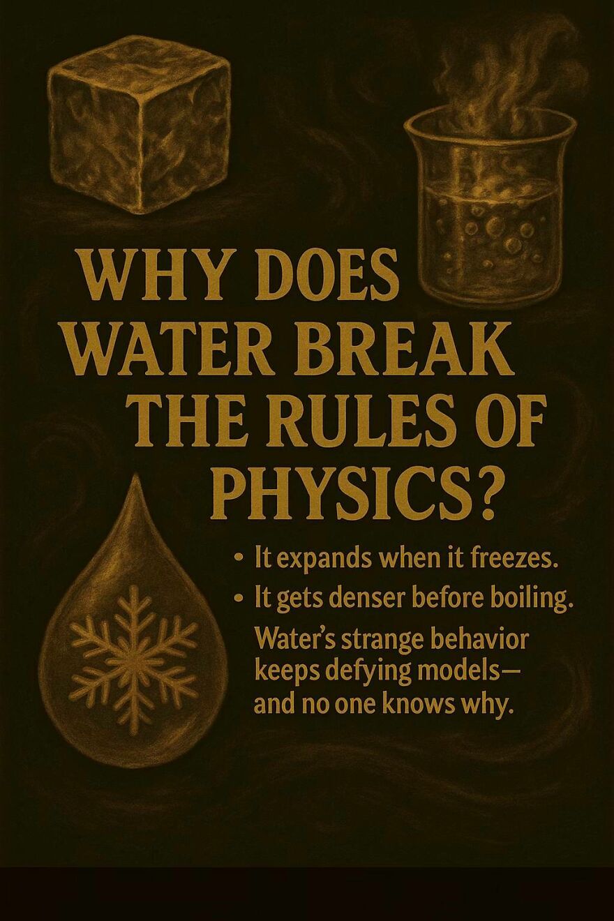 Illustration showing why water breaks the rules of physics with ice cube, boiling beaker, and expanding water drop icons.