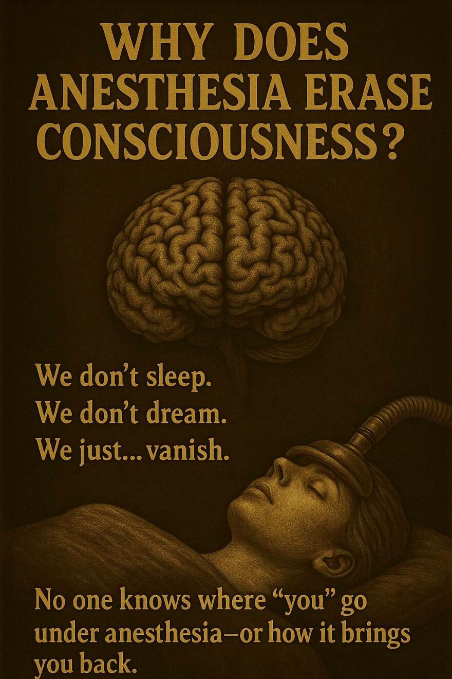 Illustration showing a person under anesthesia with a brain above, exploring questions about consciousness and anesthesia mystery.