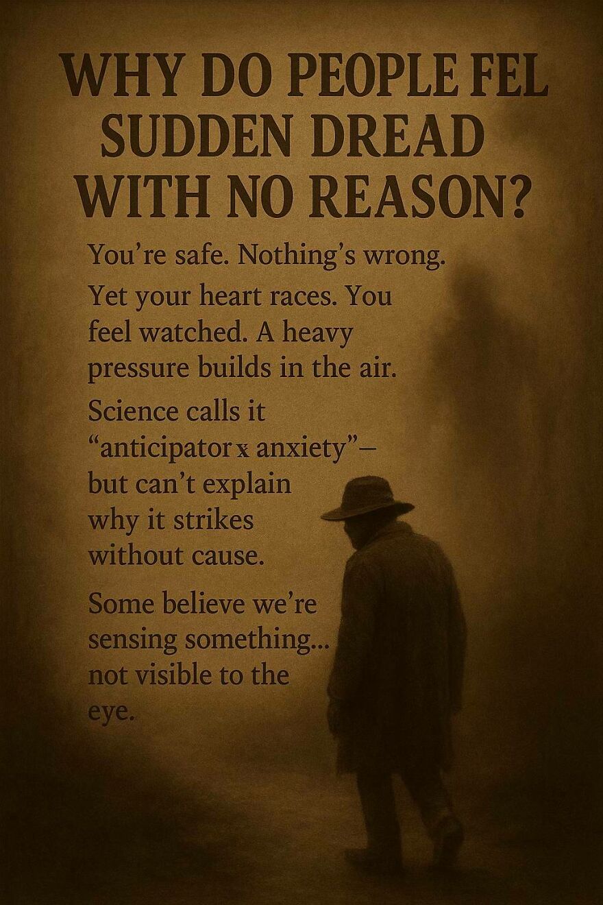 Silhouetted person in a foggy setting next to text about sudden dread and unanswered questions in science and philosophy.