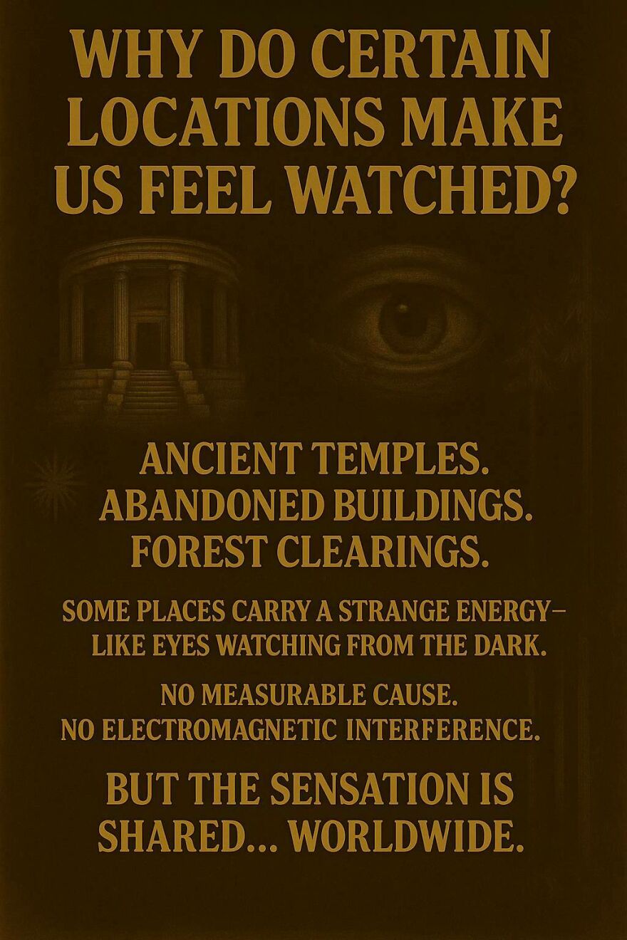 Dark image with text about locations that make us feel watched, featuring ancient temples and abandoned buildings mystery concept.
