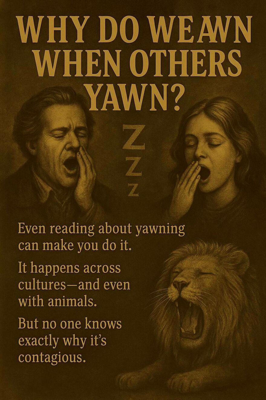 Two people and a lion yawning, illustrating a scientific question about contagious yawning across cultures and animals.