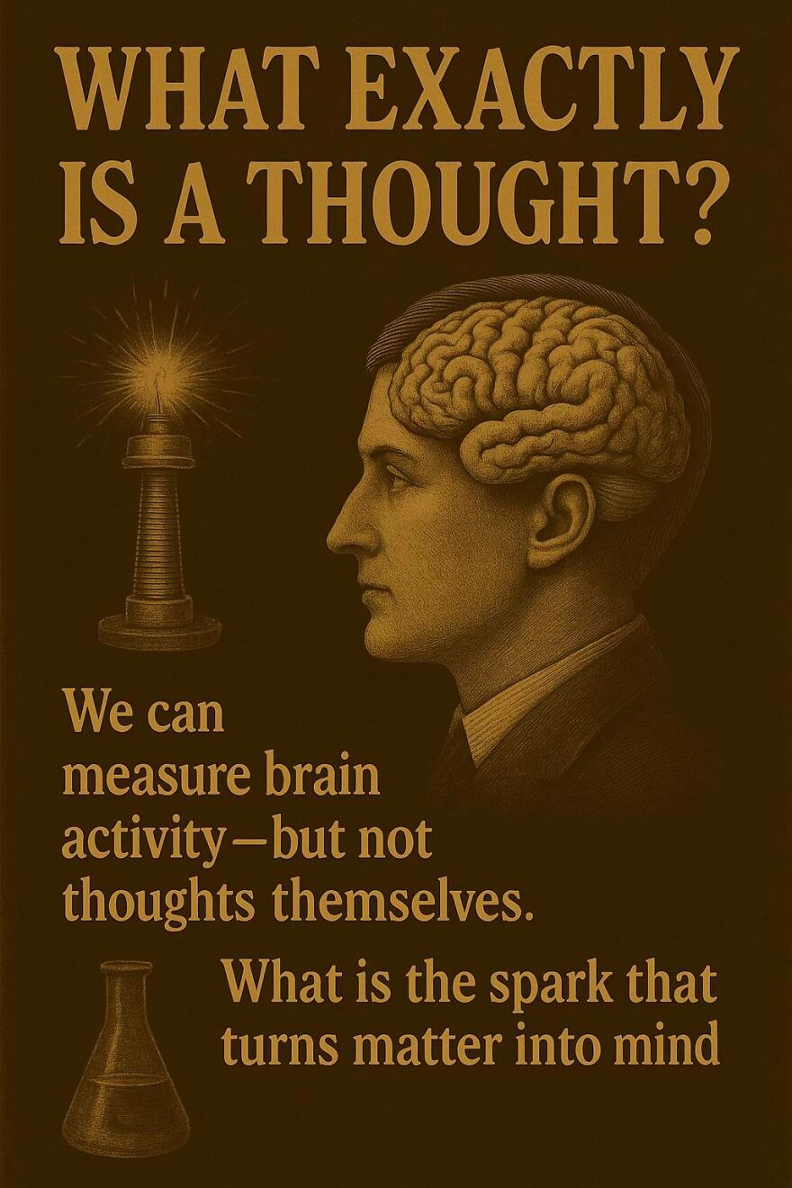Illustration of a human brain with text about brain activity and the mystery of thoughts in scientists and philosophers questions.