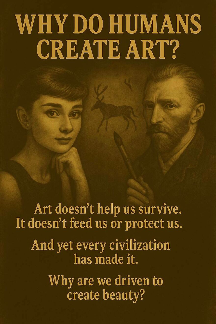 Why do humans create art question with portraits of a woman and a man holding a paintbrush, exploring unanswered questions.