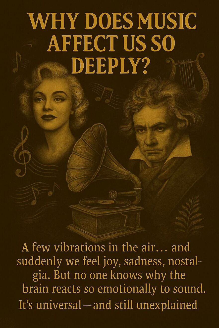 Vintage-style illustration of music's deep emotional impact with portraits and a gramophone, illustrating unanswered science questions.