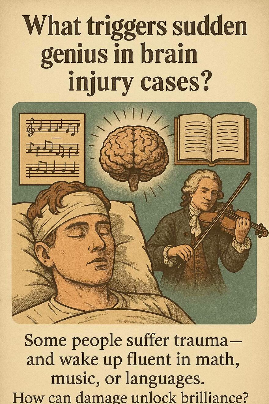 Patient with brain injury illustrated with music notes, a brain, and a violinist representing sudden genius questions in science.