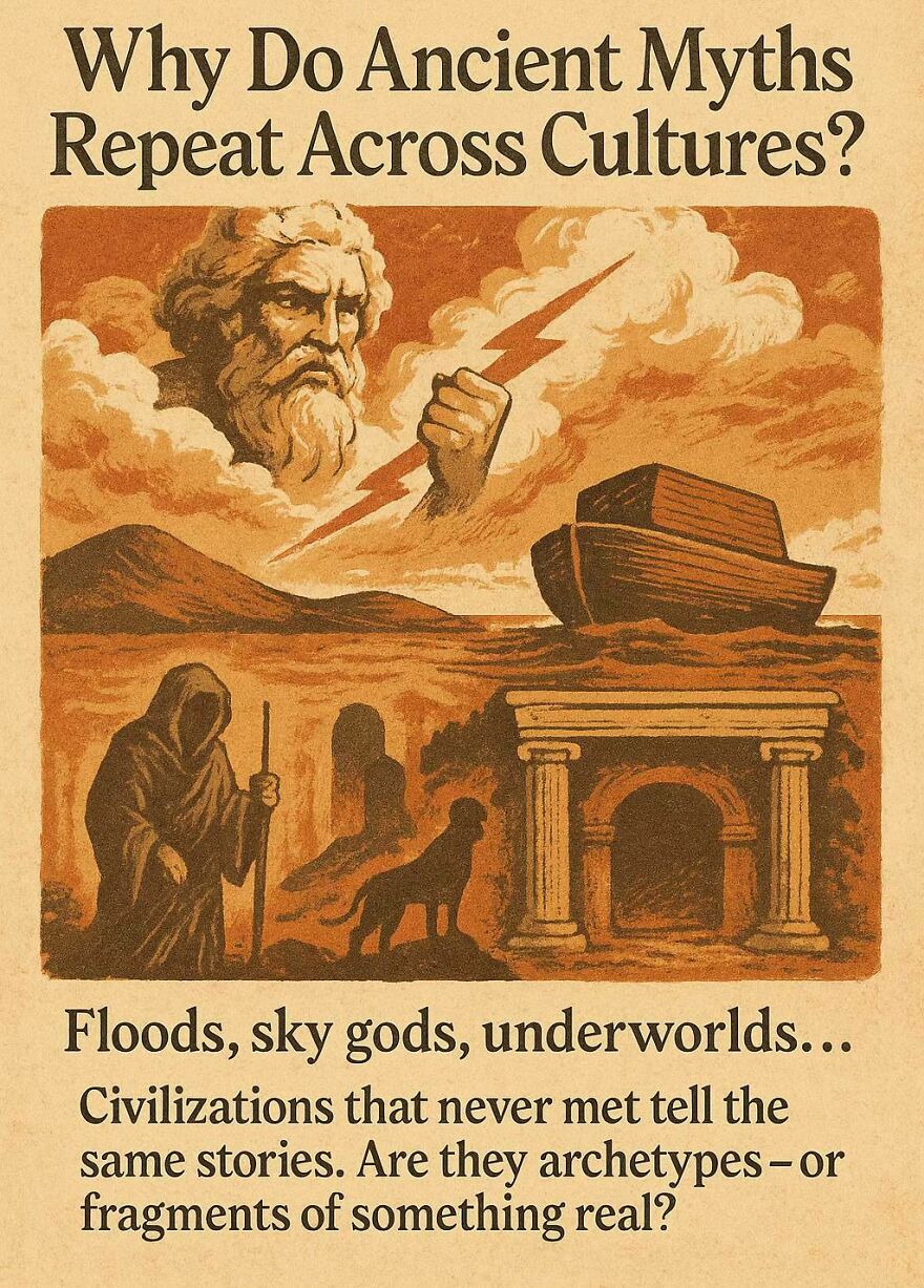 Ancient myths and archetypes depiction with gods, floods, and underworlds illustrating unanswered questions by scientists and philosophers.
