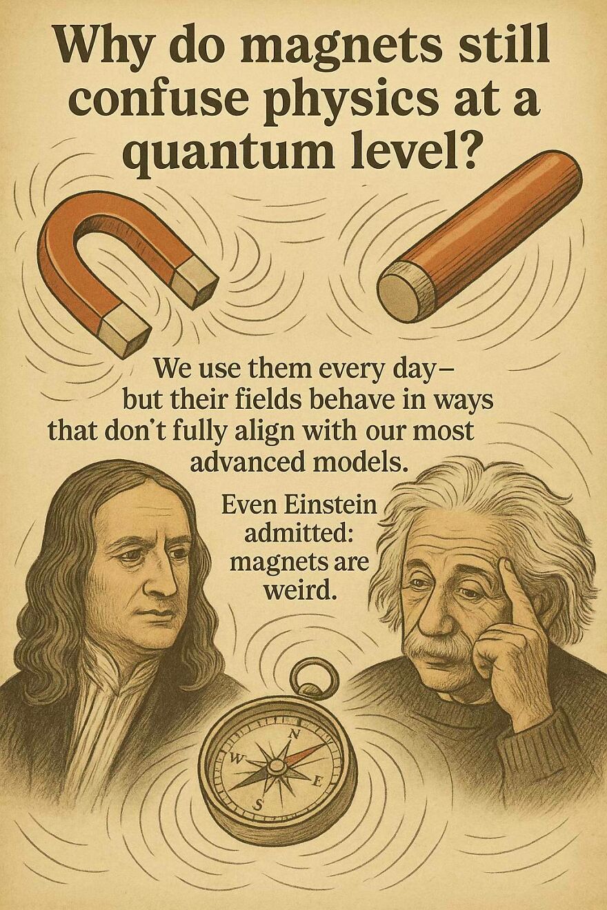 Illustration highlighting a quantum physics question about magnets with drawings of Einstein, Newton, and a compass.