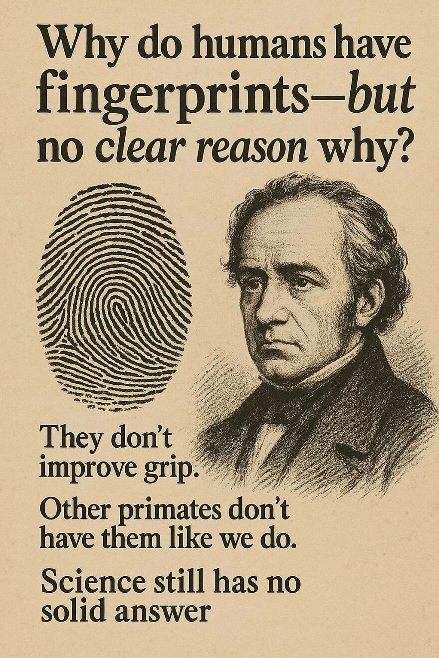 Vintage-style illustration with fingerprint and scientist portrait exploring unanswered scientific questions about fingerprints.
