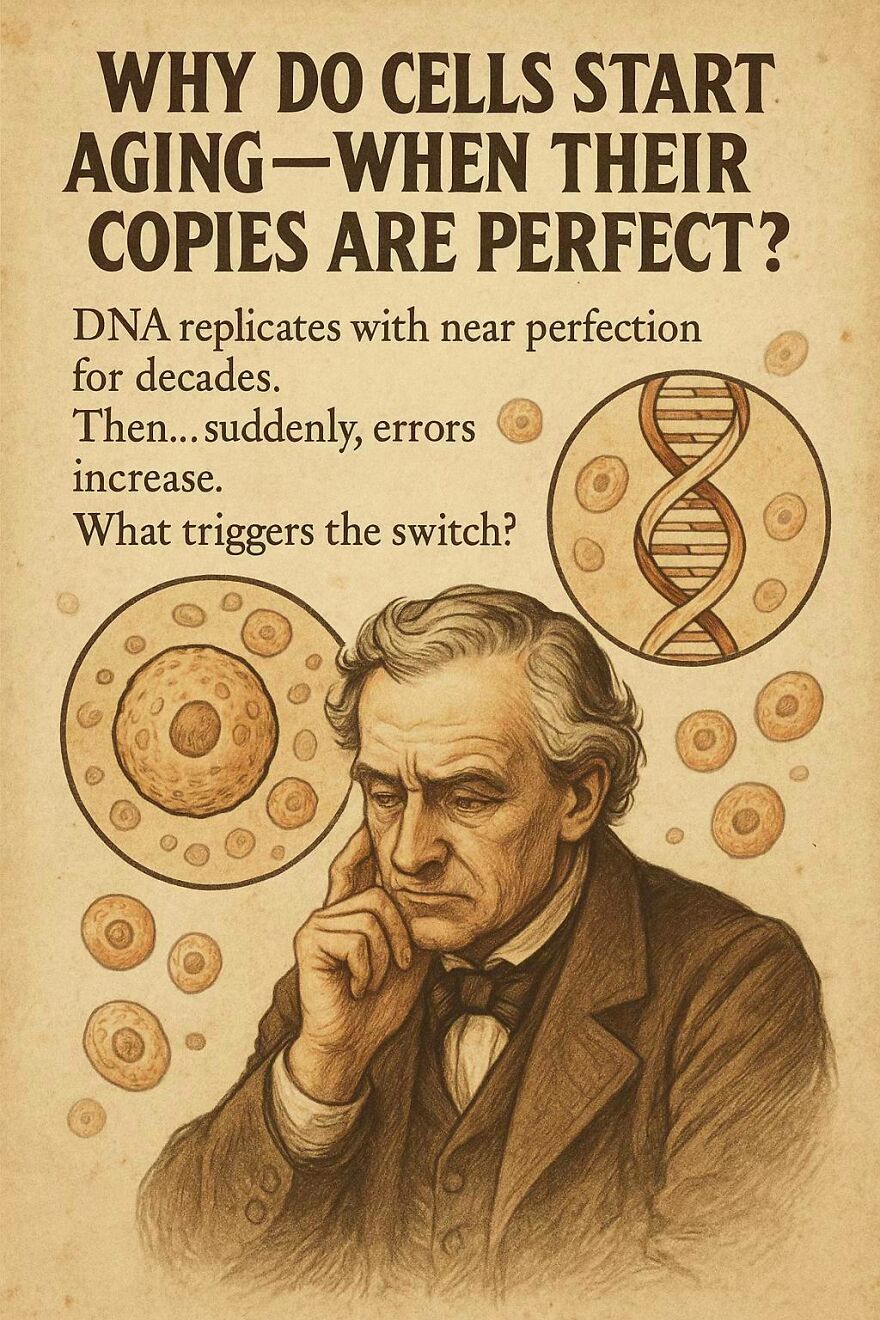 Illustration of a scientist pondering why cells age despite perfect DNA copies, highlighting unanswered science questions.
