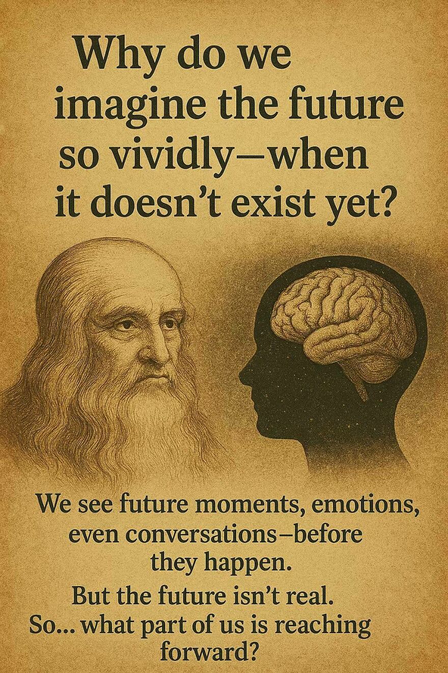 Vintage-style image with a philosopher and a brain silhouette questioning imagining the future, exploring scientist and philosopher questions.