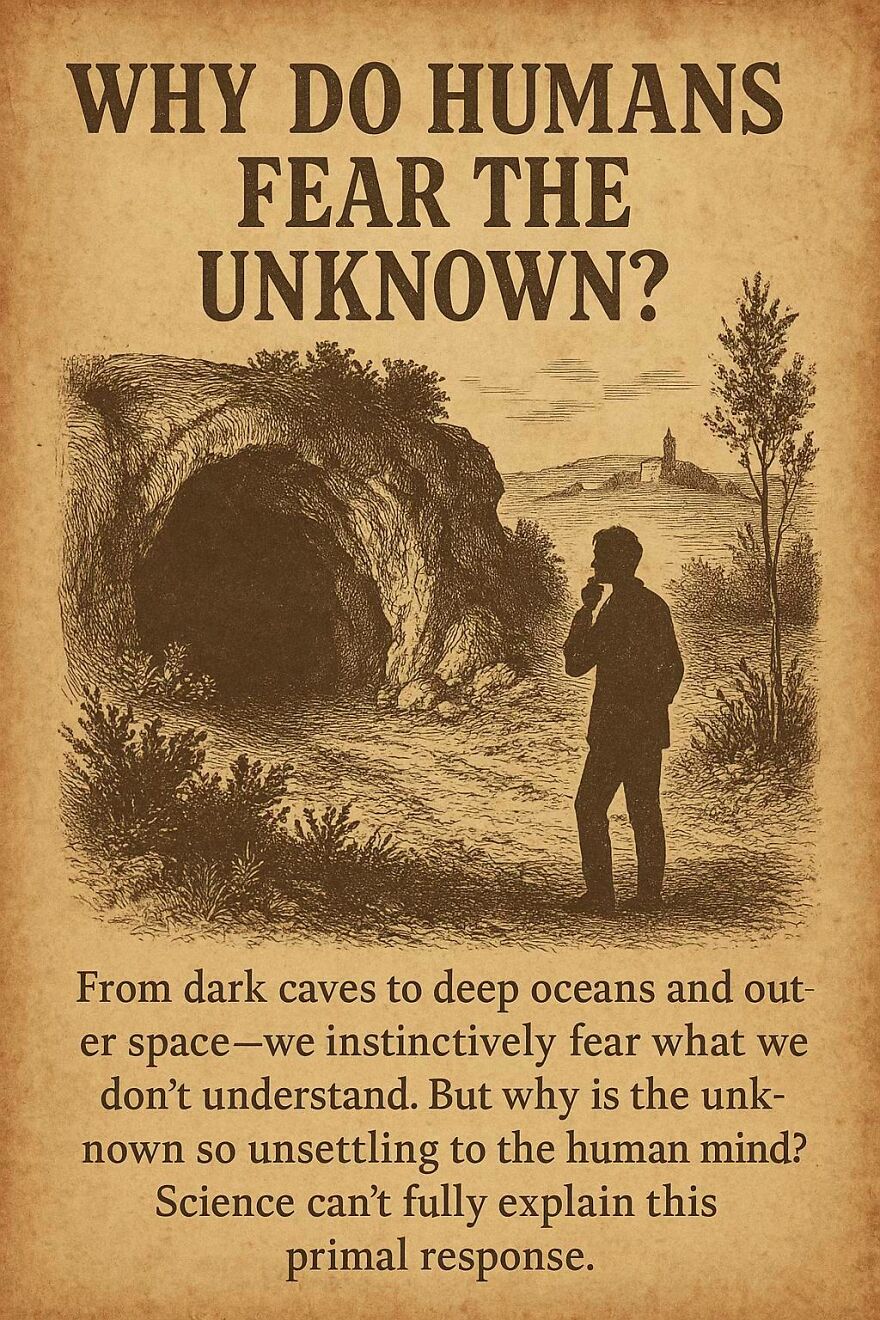 Vintage illustration showing a person pondering a dark cave, highlighting unanswered questions scientists and philosophers face.