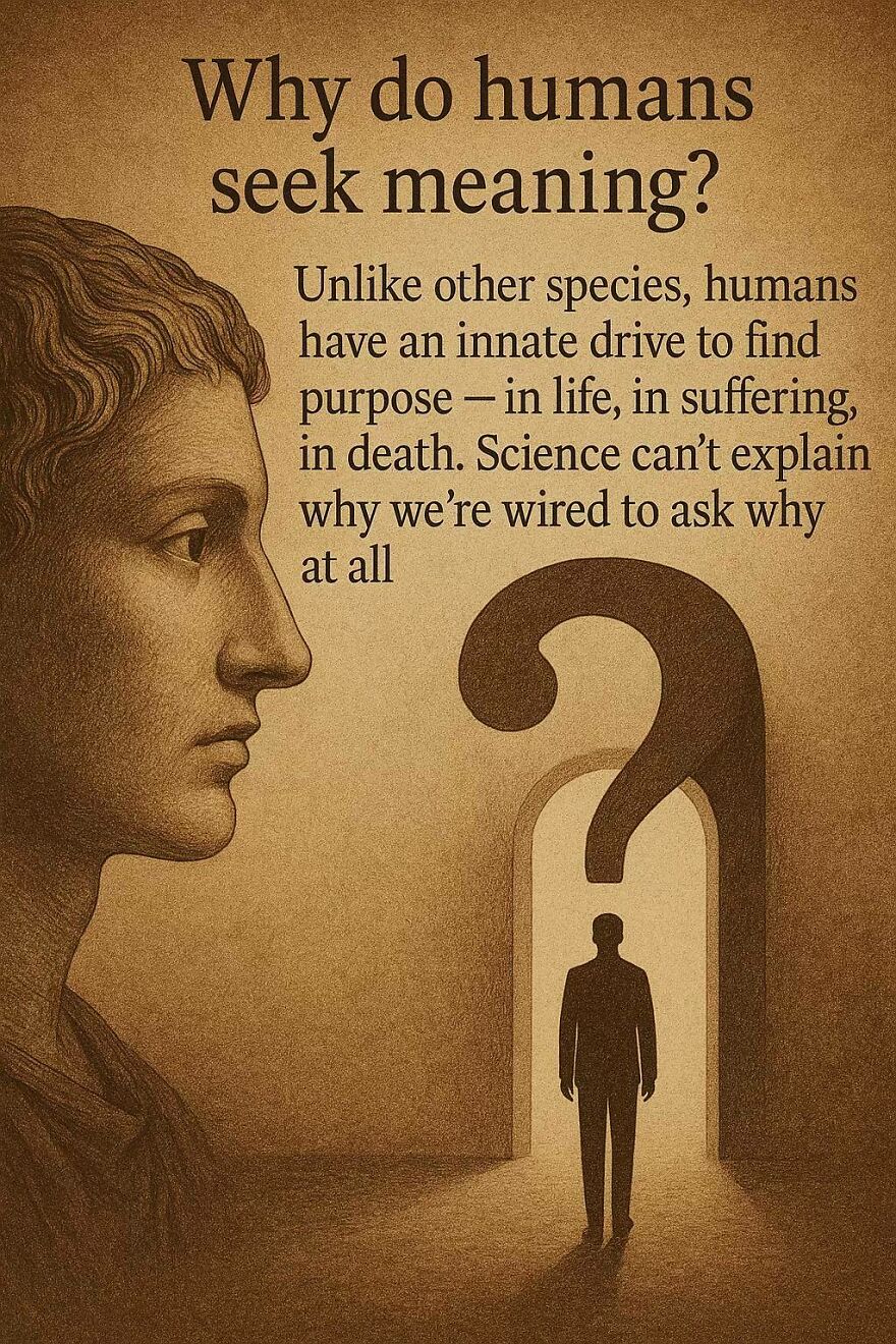 Profile of a classical statue head and a person standing under a large question mark symbolizing scientific and philosophical questions.