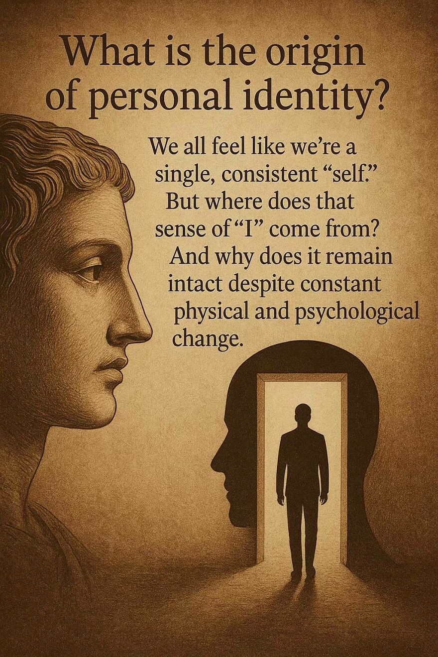 Surreal image exploring personal identity with a mind silhouette and a human figure standing in a doorway concept for scientists and philosophers.