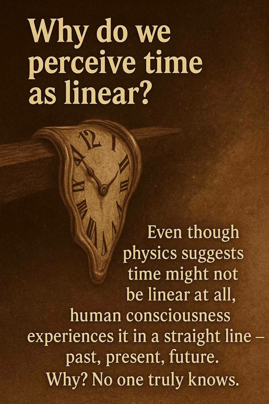Melting clock image questioning why humans perceive time as linear despite physics suggesting otherwise in science and philosophy.