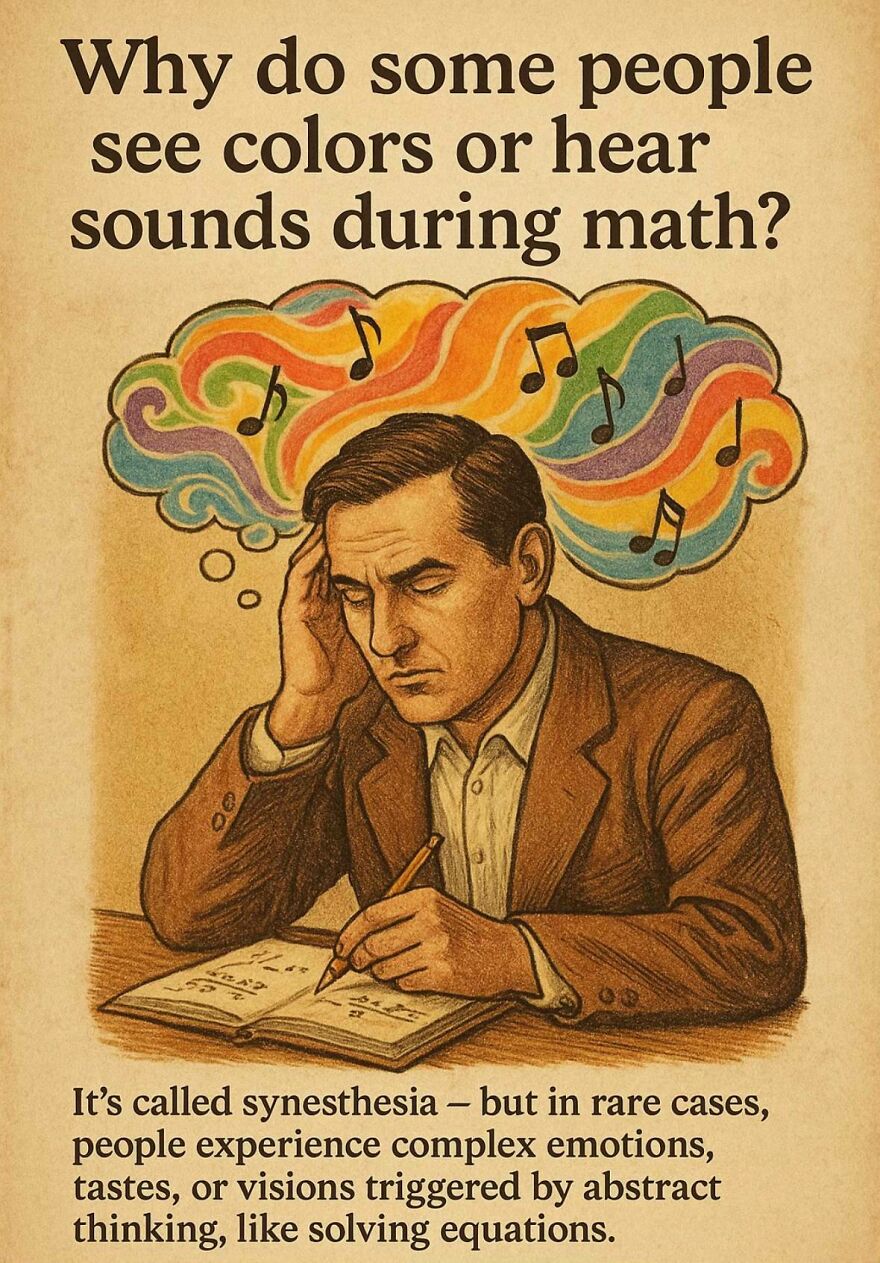 Man solving math problems with colorful synesthesia thoughts of sounds and colors, a question scientists and philosophers explore.