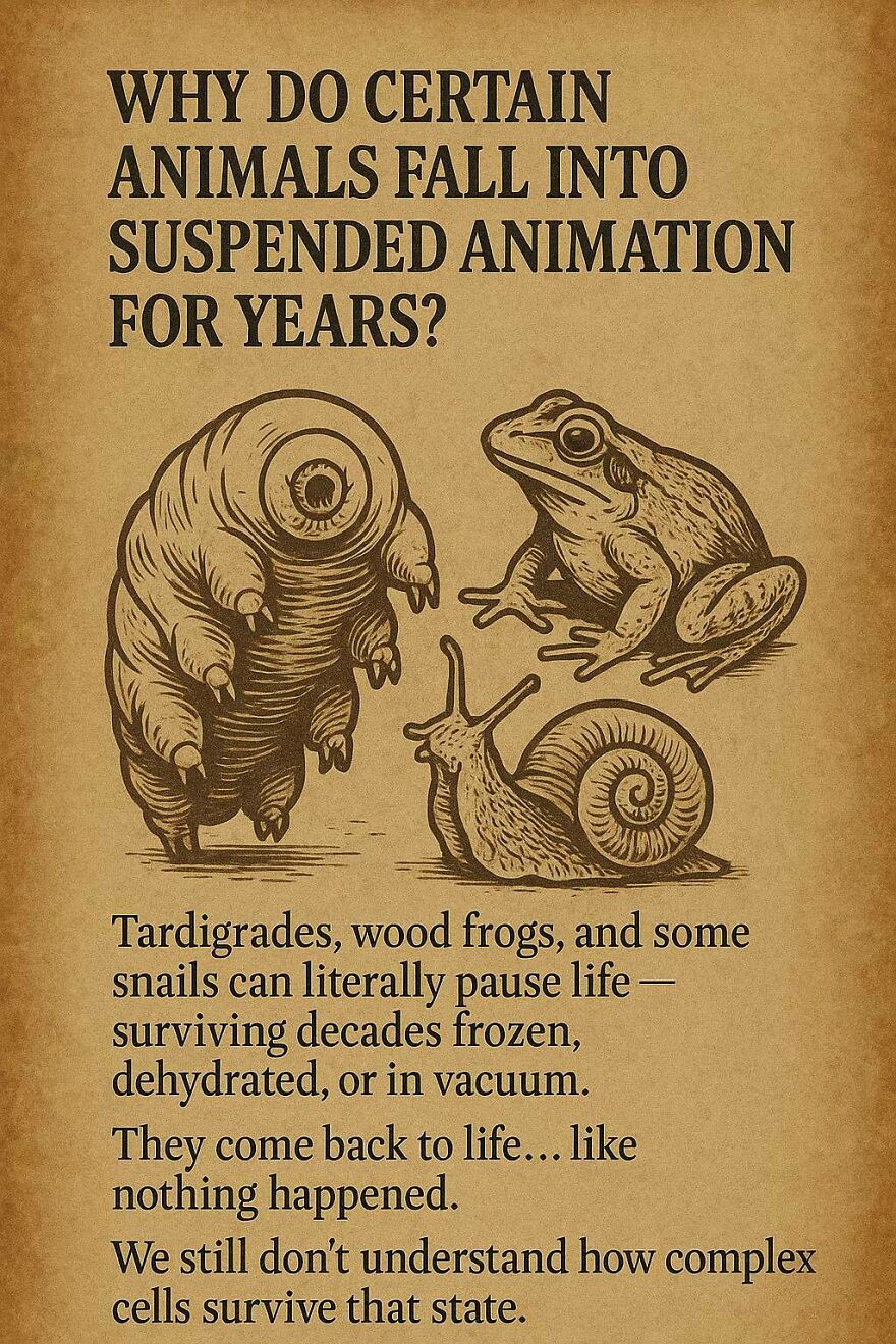 Illustration of tardigrades, frogs, and snails with text about suspended animation and unanswered scientific questions.
