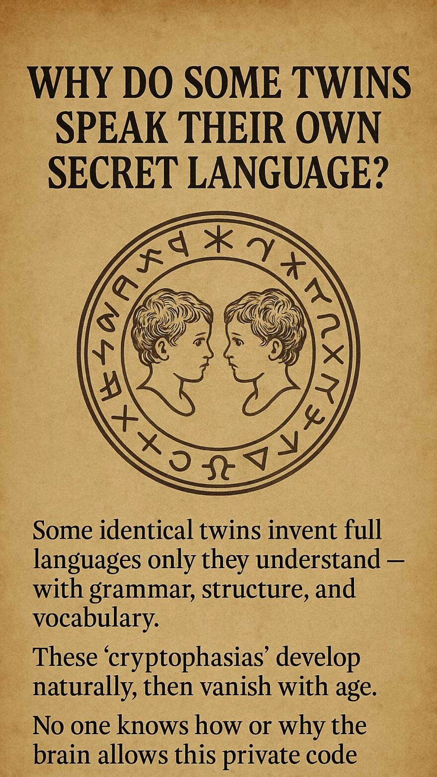Illustration of twins with secret language symbols, exploring unanswered questions scientists and philosophers study about communication.