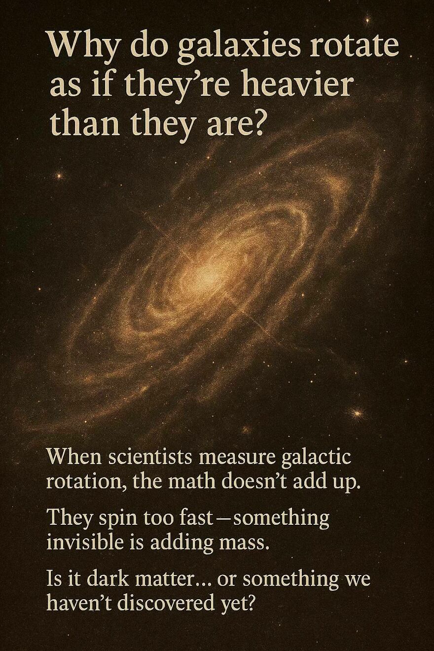Image showing a galaxy with text about unresolved scientific questions on galaxies' rotation and dark matter mysteries.
