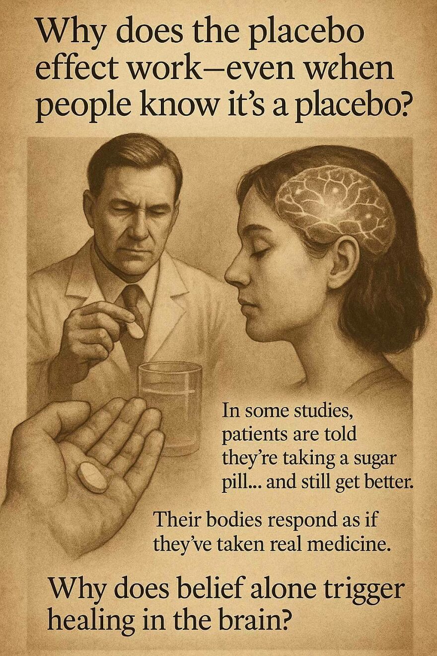 Image showing a scientist giving a sugar pill illustrating the placebo effect and unanswered questions about the brain.