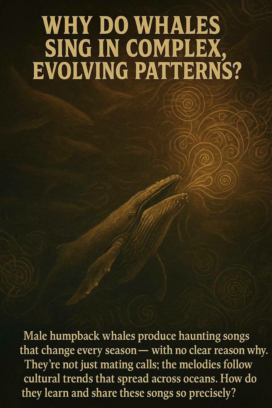 Illustration of humpback whales singing complex evolving patterns, highlighting unanswered scientific and philosophical questions.