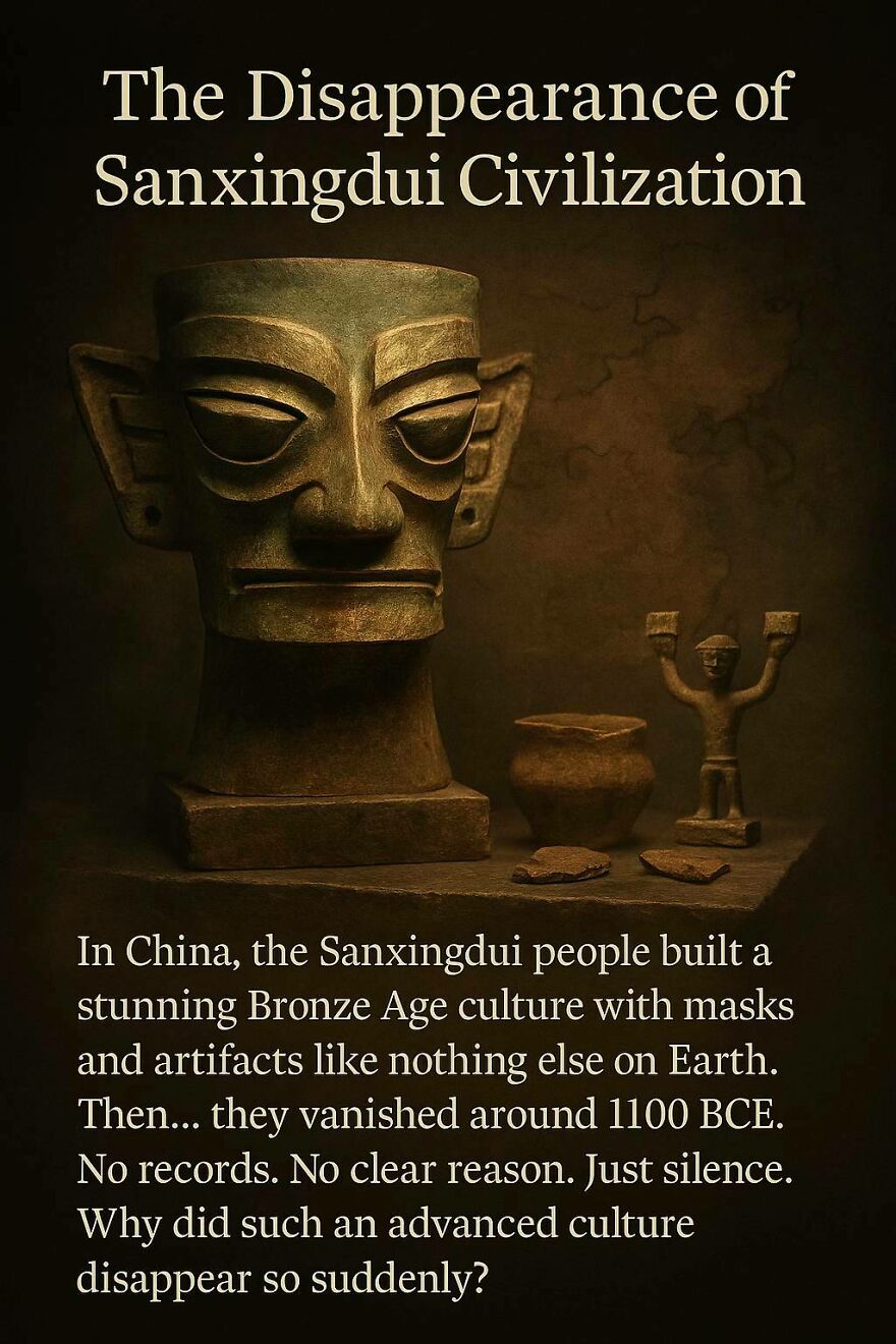 Ancient Sanxingdui civilization bronze mask and artifacts representing unanswered questions scientists and philosophers explore.