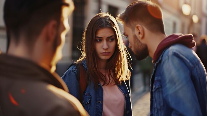 Three young adults in a tense conversation outdoors reflecting loss of trust and patience from the good old days.