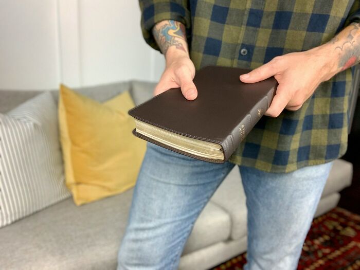 Person with tattoos wearing a green plaid shirt holding a closed leather book standing near a couch with pillows.