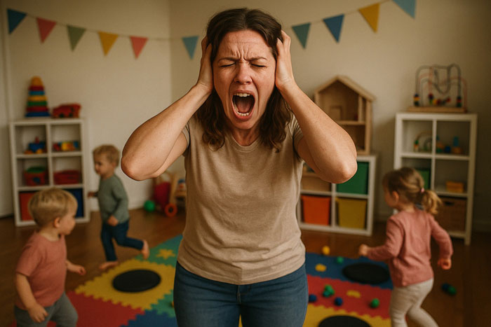 Frustrated woman covering ears in a playroom with toddlers, capturing a toddler Karen banned shocking moment. - 10