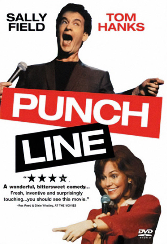Tom Hanks in Punch Line movie poster with Sally Field, both holding microphones in a comedy setting.