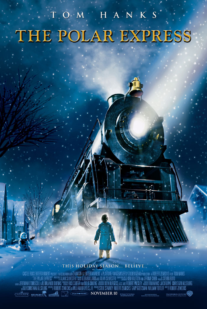Train from The Polar Express movie approaching child in snowy night, highlighting Tom Hanks underrated movie theme.