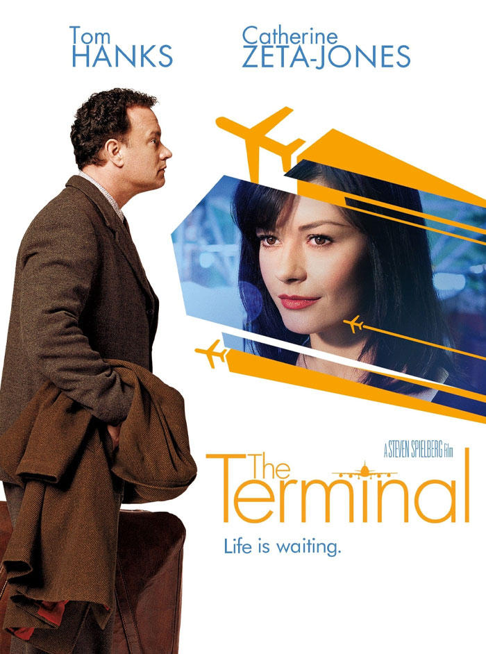 Tom Hanks in The Terminal movie poster, featuring Catherine Zeta-Jones and airplane graphic elements.