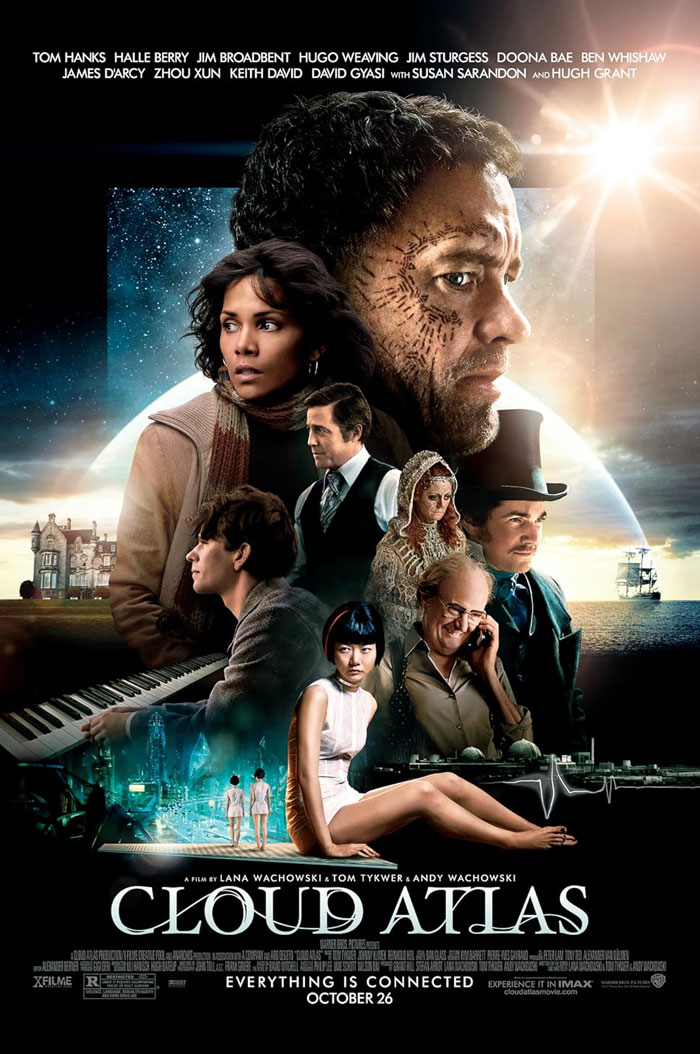 Tom Hanks in Cloud Atlas movie poster featuring main characters in a sci-fi and historical drama setting.