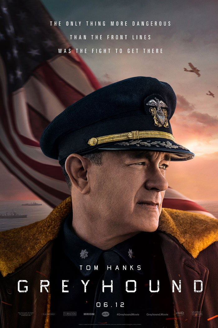 Tom Hanks in Greyhound movie poster wearing naval officer uniform with American flag and warships in background.