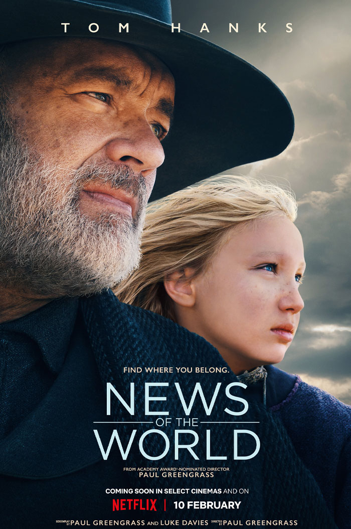 Tom Hanks in News of the World movie poster, featuring close-up of his face and a young girl looking into the distance.
