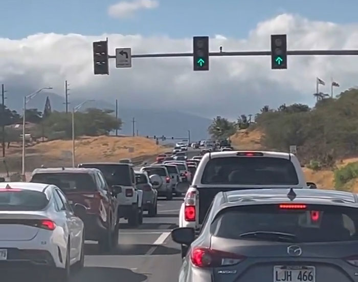 Traffic jam on a private road with cars waiting, related to Oprah refusing to open road during tsunami evacuation.