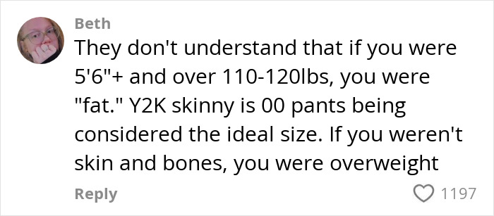 Commenter Beth critiques the Y2K skinny diet trend, highlighting strict weight and size ideals from the 2000s era.