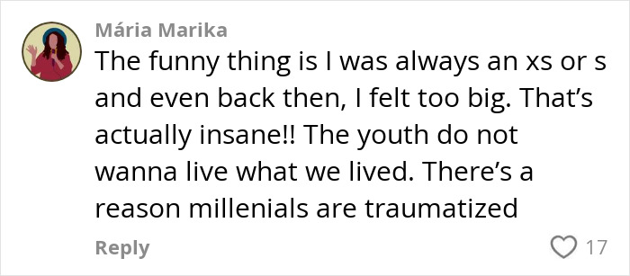 Social media comment criticizing Gen Z&rsquo;s Y2K skinny diet trend and discussing millennials&rsquo; views on body image and trauma.