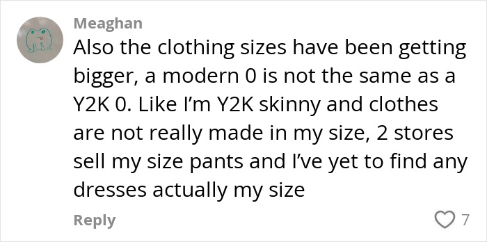 Social media comment discussing Y2K skinny diet trend and modern clothing sizes compared to 2000s fashion.